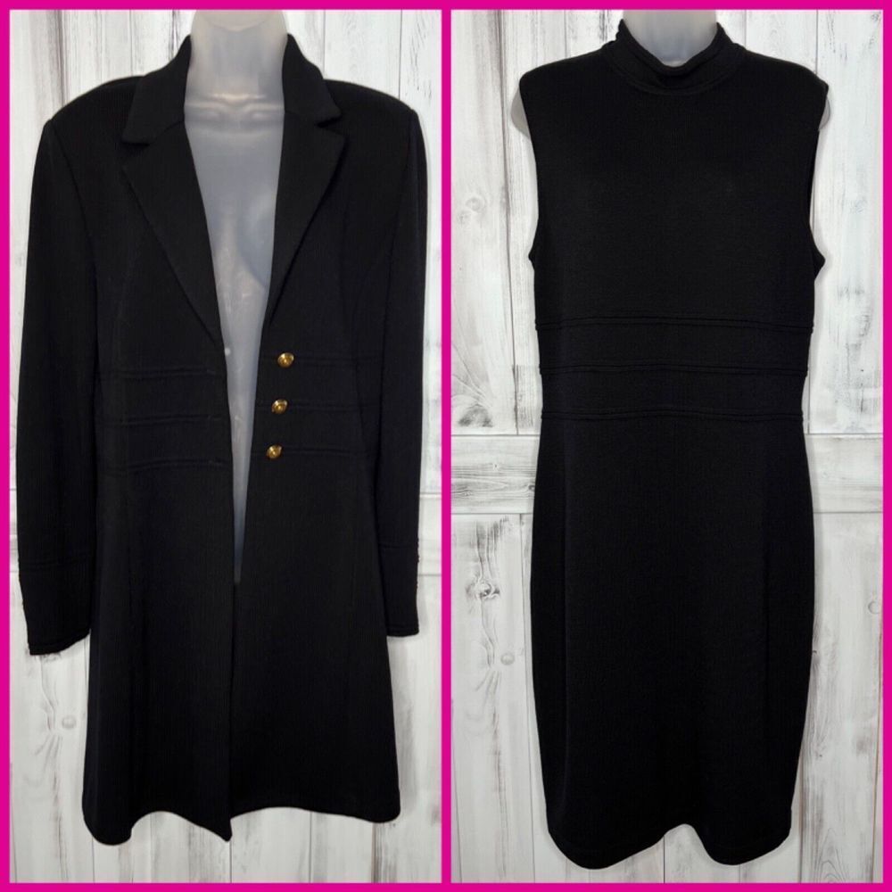 St John Basics Santana Knit Solid Black 2 Piece Suit Sheath Dress 8 Jacket 10